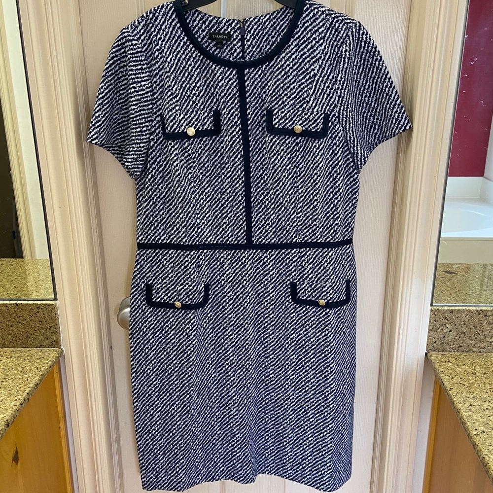 Talbots Navy Striped Gold Button Dress